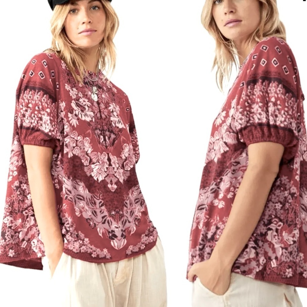 Free People Luly Tee Bella Rosa Combo Print Rust, Grey & Cream, Size Large